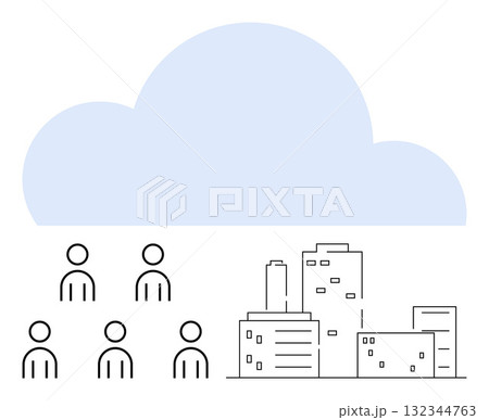 Cloud placed above stick-figure people and cityscape, signifying cloud computing and urban integration. Ideal for technology, networking, cloud services, urban planning, digital collaboration Cloud placed above stick-figure people and cityscape, signifying cloud computing and urban integration. Ideal for technology, networking, cloud services, urban planning, digital collaboration 132344763