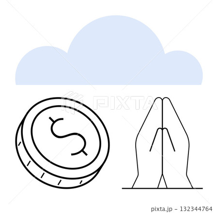 Coin with dollar sign, praying hands, and cloud symbolizing financial hope and spiritual faith. Ideal for financial stability, wealth management, charitable donations, spiritual guidance, financial Coin with dollar sign, praying hands, and cloud symbolizing financial hope and spiritual faith. Ideal for financial stability, wealth management, charitable donations, spiritual guidance, financial 132344764