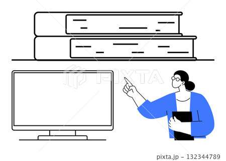 Woman holding a folder and pointing while standing next to a stack of books and a computer monitor. Ideal for education, teaching, online learning, presentations, knowledge sharing, lectures 132344789