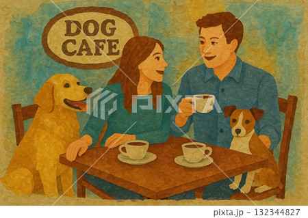 犬カフェ　ドッグカフェ　貼り絵風 132344827
