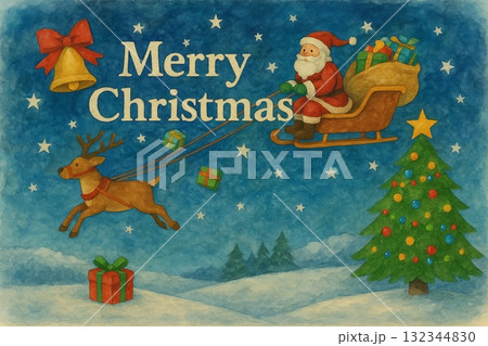 クリスマス サンタクロース トナカイ 水彩画 クリスマス サンタクロース トナカイ 水彩画 132344830