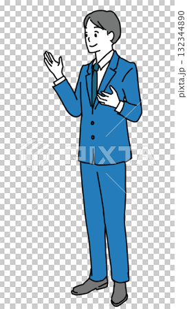 Illustration of a man in a suit guiding with his palm outstretched Illustration of a man in a suit guiding with his palm outstretched 132344890