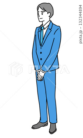 手を前にして立つスーツ姿の若い男性のイラスト 132344894