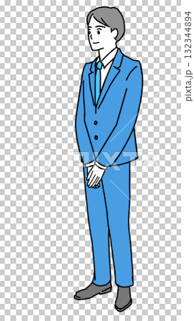 Illustration of a young man in a suit standing with his hands in front of him 132344894