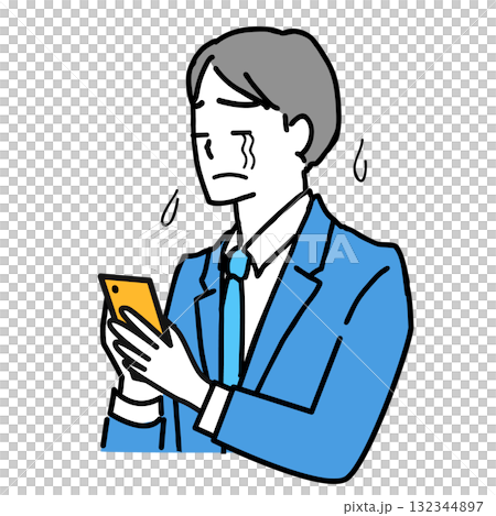 一名西裝革履的男子一邊操作智慧型手機一邊哭泣的插圖 132344897