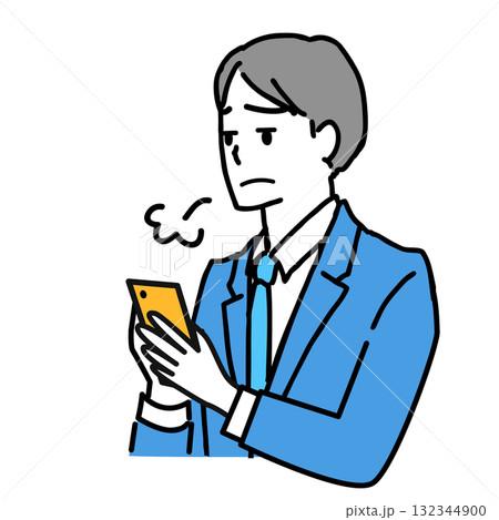 スマホを操作してため息をつく若いビジネスマンのイラスト 132344900