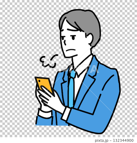 スマホを操作してため息をつく若いビジネスマンのイラスト 132344900