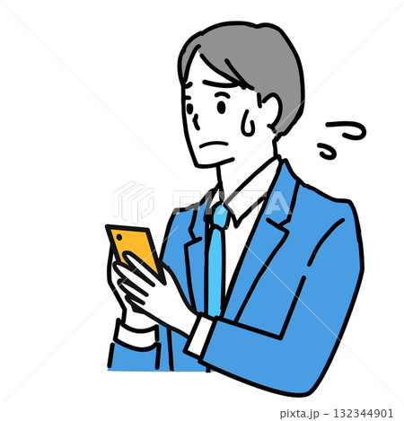 スマホを操作して困っているスーツ姿の若い男性のイラスト 132344901