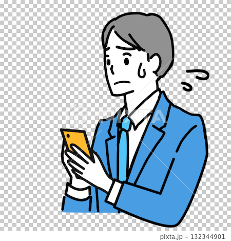 スマホを操作して困っているスーツ姿の若い男性のイラスト 132344901