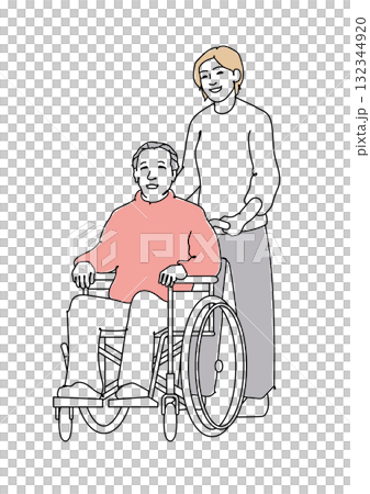 シニア男性の車椅子を押す女性 線画 シニア男性の車椅子を押す女性 線画 132344920