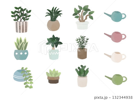 観葉植物とじょうろのイラストセット 132344938