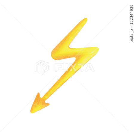 A zigzag of sparkling lightning drawn with colored pencils. A child's drawing of a weather phenomenon. The sketch is isolated on a white background. Clipart. 132344939