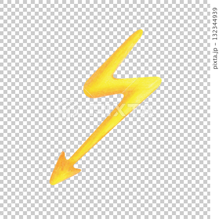 A zigzag of sparkling lightning drawn with colored pencils. A child's drawing of a weather phenomenon. The sketch is isolated on a white background. Clipart. 132344939