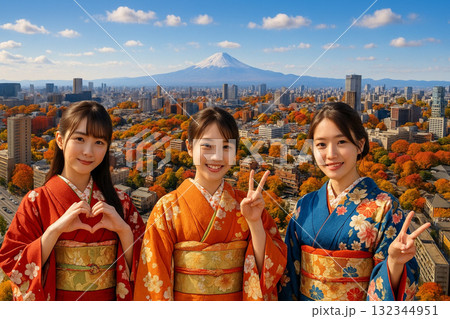 ニュウマン高輪より富士山方面の街並みを望む　紅葉 132344951