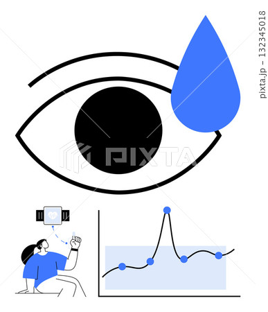 Eye with blue teardrop person with smartwatch analytics chart. Ideal for healthcare, technology, emotions, data analysis, telemedicine, wellness, diagnostics. Line metaphor Eye with blue teardrop person with smartwatch analytics chart. Ideal for healthcare, technology, emotions, data analysis, telemedicine, wellness, diagnostics. Line metaphor 132345018