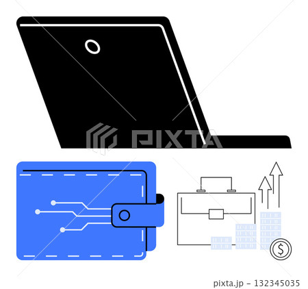 Laptop in use alongside electronic wallet and rising financial graph with briefcase, coins, bar charts. Ideal for fintech, digital banking, e-commerce, financial literacy, business growth, technology Laptop in use alongside electronic wallet and rising financial graph with briefcase, coins, bar charts. Ideal for fintech, digital banking, e-commerce, financial literacy, business growth, technology 132345035