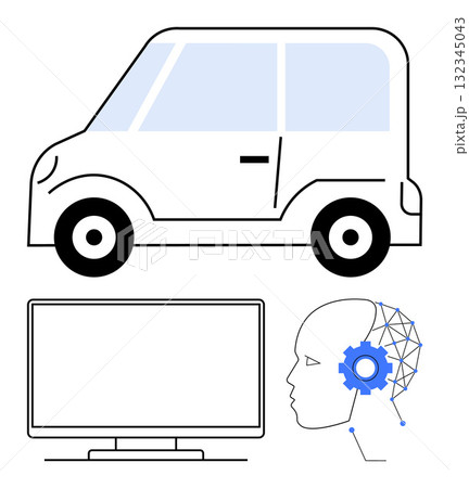 Autonomous vehicle, computer monitor, and AI human head representing technology synergy. Ideal for tech innovation, AI development, autonomous driving, robotics, future tech, digital transformation 132345043