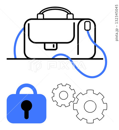 Business briefcase with blue handle, lock, and connected gear symbols depicting security and workflow efficiency. Ideal for business, security, technology, workflow management, corporate settings Business briefcase with blue handle, lock, and connected gear symbols depicting security and workflow efficiency. Ideal for business, security, technology, workflow management, corporate settings 132345045