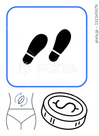 Footsteps, waist with measurement arrows, dollar coin conveying balance between fitness goals and financial planning. Ideal for health, fitness, savings, financial planning, wellness, budgeting Footsteps, waist with measurement arrows, dollar coin conveying balance between fitness goals and financial planning. Ideal for health, fitness, savings, financial planning, wellness, budgeting 132345079