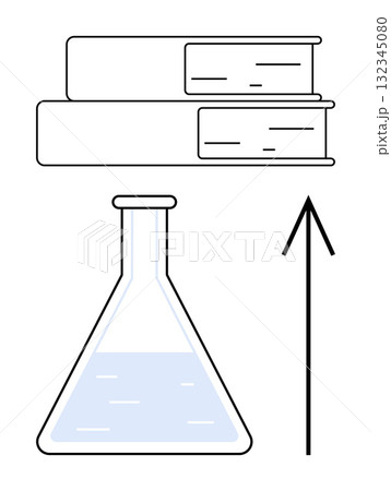 Stack of two books next to a chemistry flask filled with liquid, with an upward-pointing arrow. Ideal for education, research, science, knowledge, academic growth, learning progress, scholarly 132345080