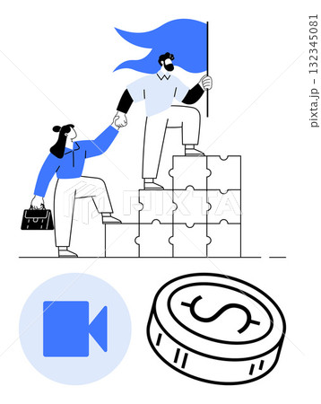 Two figures climb stacked puzzle blocks with one holding a flag, symbolizing teamwork and success. Additional elements include a video call icon and a coin. Ideal for teamwork, leadership, success 132345081