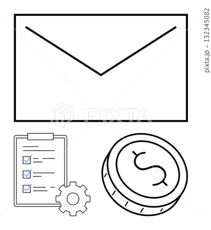 Large envelope, coin with dollar sign, checklist with gear representing tasks. Ideal for financial planning, mail services, task management, productivity, budgeting, business operations 132345082