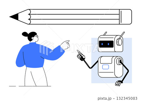 Human in blue pointing at robot next to large pencil, emphasizing collaboration, technology, teamwork, education, innovation, artificial intelligence, creativity. Ideal for teamwork, technology 132345083