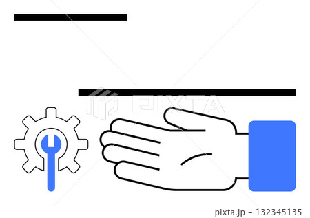 Gear with wrench and open hand outline symbolize support, teamwork, service, reliability, and collaboration. Ideal for customer service, technical assistance, maintenance, help center cooperation 132345135