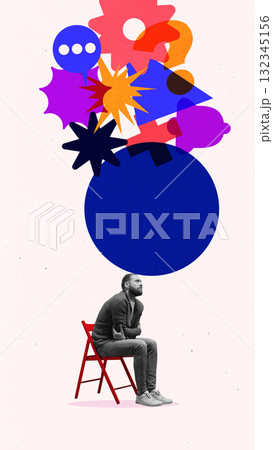 Trendy pop art collage. Man sitting on red chair under heavy abstract bubble symbolizing emotional burden Trendy pop art collage. Man sitting on red chair under heavy abstract bubble symbolizing emotional burden 132345156