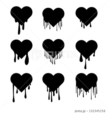 Set of Dripping Heart Silhouettes Vector Illustration. Perfect for logos, stickers, gothic art, romantic designs or Valentines Day with a dark or alternative aesthetic. Set of Dripping Heart Silhouettes Vector Illustration. Perfect for logos, stickers, gothic art, romantic designs or Valentines Day with a dark or alternative aesthetic. 132345158