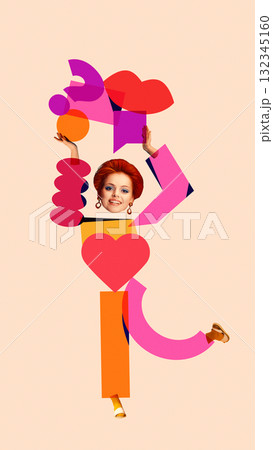 Colorful collage. Smiling woman made of colorful heart and chat symbols representing emotional expression 132345160