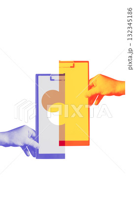 Bright collage. Two hands holding colored clipboards with puzzle cut symbolizing cooperation and problem solving 132345186