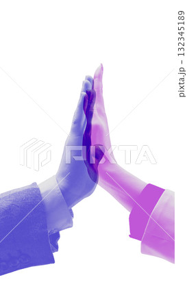 Creative collage. Two hands high fiving symbolizing equality cooperation and business partnership Creative collage. Two hands high fiving symbolizing equality cooperation and business partnership 132345189