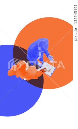 Collage art. Business colleagues discussing project plan on clipboard symbolizing communication and decision making Collage art. Business colleagues discussing project plan on clipboard symbolizing communication and decision making 132345191