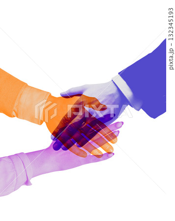 Colorful collage of handshake symbolizing collaboration between diverse professionals Colorful collage of handshake symbolizing collaboration between diverse professionals 132345193