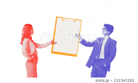 Creative digital artwork. Business colleagues presenting blank clipboard 132345261