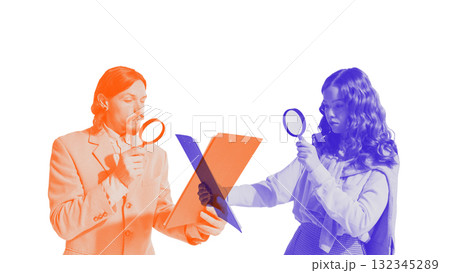 Contemporary collage. Colleagues analyzing documents with magnifying glasses symbolizing audit and transparency 132345289