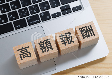 パソコンの上に高額報酬と書かれたブロック パソコンの上に高額報酬と書かれたブロック 132345323