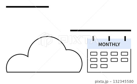 Cloud icon next to a monthly calendar, representing recurrent scheduling for cloud-based activities. Ideal for project management, cloud services, scheduling apps, IT planning, productivity tools 132345580
