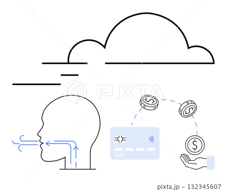 Cloud computing above head silhouette with airflow arrows, payment card, coins, and hand. Ideal for cloud technology, digital finance, AI processes, data streaming, online transactions automation 132345607