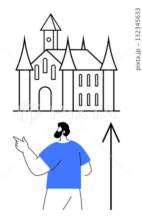 Man pointing towards a castle with a large arrow beside him. Ideal for travel, guidance, fantasy, tourism, historical themes, navigation, educational purposes. Line metaphor 132345633