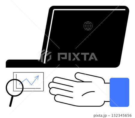 Laptop with globe icon, magnified rising graph, open hand in blue cuff. Ideal for business, digital solutions, growth, analysis, technology global reach data interpretation. Line metaphor Laptop with globe icon, magnified rising graph, open hand in blue cuff. Ideal for business, digital solutions, growth, analysis, technology global reach data interpretation. Line metaphor 132345656