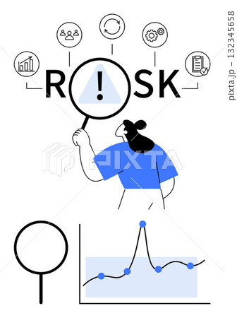 Magnifying glass focuses on RISK with icons for people cycle gear checklist, chart. Ideal for risk analysis, decision-making, business strategy, management, evaluation, assessment. Line metaphor Magnifying glass focuses on RISK with icons for people cycle gear checklist, chart. Ideal for risk analysis, decision-making, business strategy, management, evaluation, assessment. Line metaphor 132345658