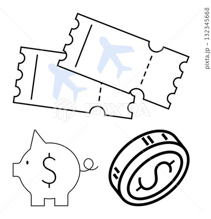 Piggy bank icon, two flight tickets, and a coin representing saving money for travel. Ideal for financial planning, budgeting, vacation savings, financial education, investment, travel planning Piggy bank icon, two flight tickets, and a coin representing saving money for travel. Ideal for financial planning, budgeting, vacation savings, financial education, investment, travel planning 132345668