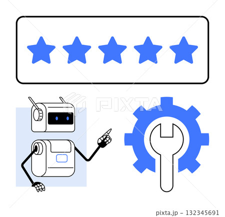 Five-star rating above robot pointing at wrench within gear. Ideal for customer service, technical support, reliability, user experience, quality assurance, maintenance, innovation. Line metaphor Five-star rating above robot pointing at wrench within gear. Ideal for customer service, technical support, reliability, user experience, quality assurance, maintenance, innovation. Line metaphor 132345691