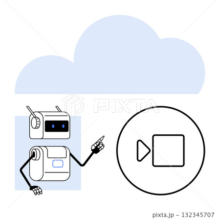 Robotic assistant pointing to video play button within a cloud background. Ideal for cloud technology, video streaming, AI, robotics, tech integration, media services, online platforms. Line metaphor 132345707