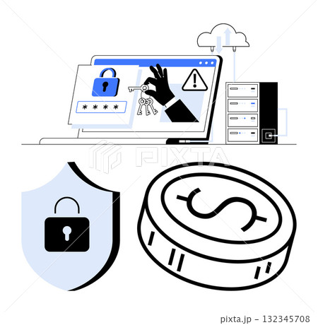 Laptop screen showing security breach warning, padlock, and key, shield with padlock, coin. Ideal for cybersecurity, data protection, online security, financial security cloud storage privacy 132345708