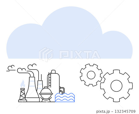 Industrial factory with chimneys and machinery emitting smoke, gear wheels in the foreground, and a cloud. Ideal for industry, automation, technology, manufacturing, cloud computing, integration 132345709