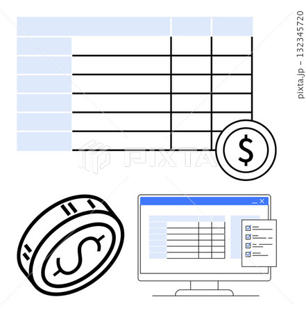 Grid table and dollar symbols representing financial data, displayed on a computer monitor with a checklist. Ideal for financial planning, budgeting, accounting, expense tracking, business 132345720