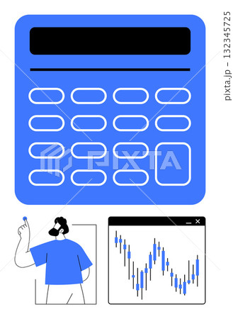 Large blue calculator with representative buttons, person pointing at a graph, and financial chart. Ideal for finance, accounting, budgeting, trading, statistics econometrics and analysis. Line 132345725